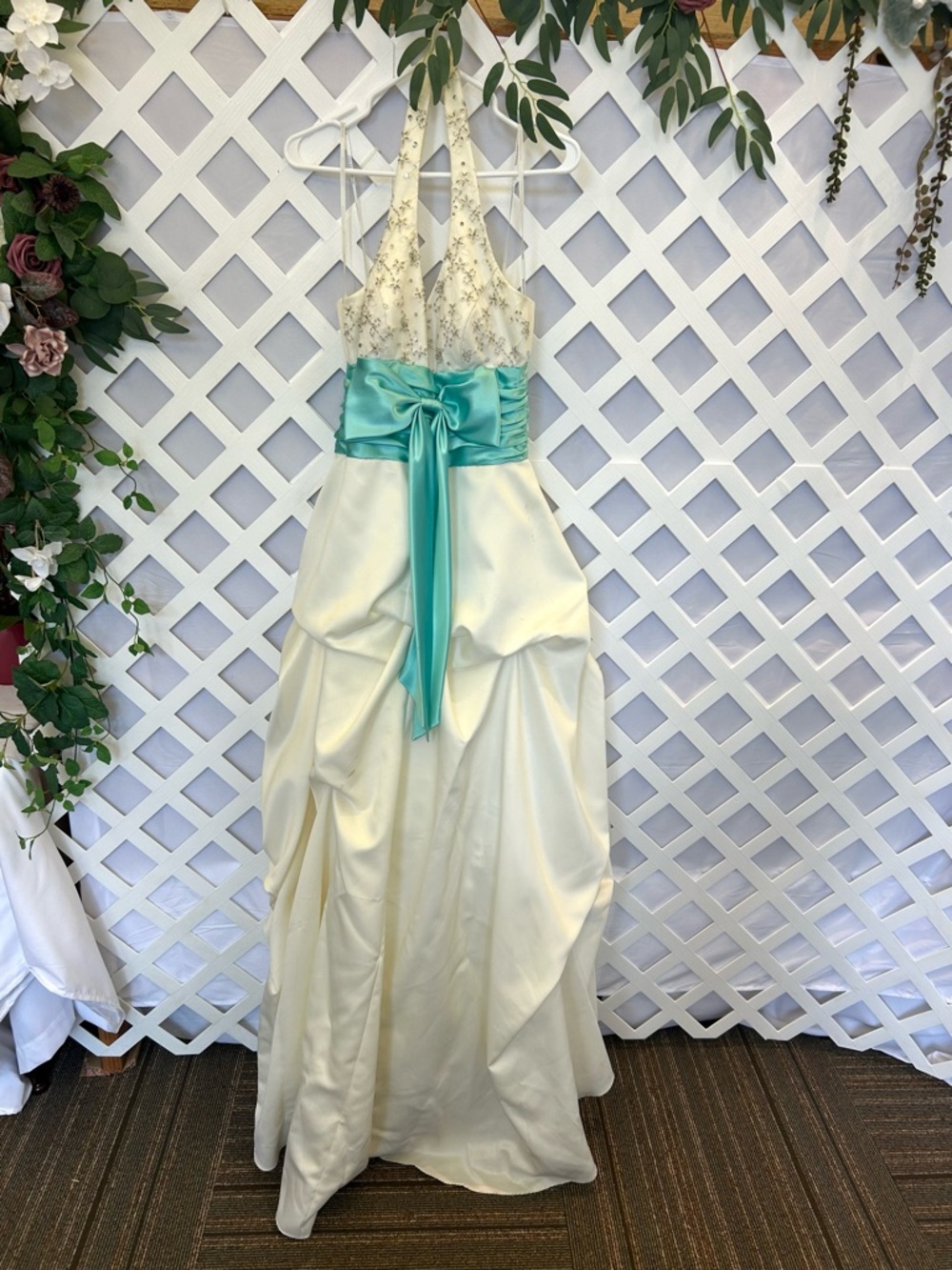 Vintage Ivory Prom Dress Beaded Bodice Halter Aqua Sash Bow Formal Gown Fairy